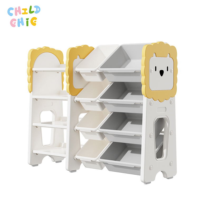 Lion-Shaped Kids Toy Storage Organizer, 4-Tier Multi-Bin Toy Shelf Sturdy Toddler Storage Unit for Playroom & Bedroom Organization