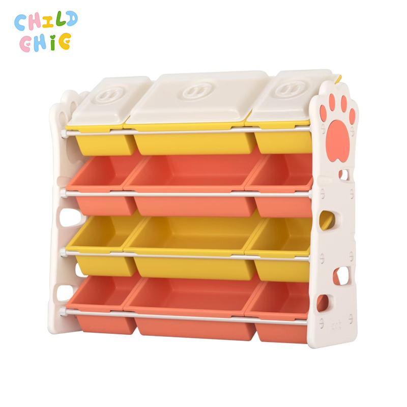 Kids Toy Storage Organizer with Lids, Large Capacity 4-Tier Multi-Bin Toy Shelf, Stable Toddler Storage Unit for Playroom & Bedroom