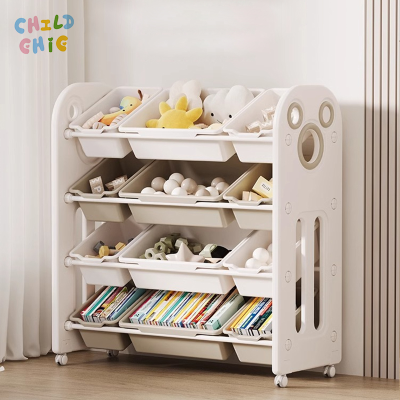 Kids Toy Storage Organizer with Wheels, 4-Tier Multi-Bin Toy Shelf, Mobile Toddler Storage Unit for Playroom & Bedroom