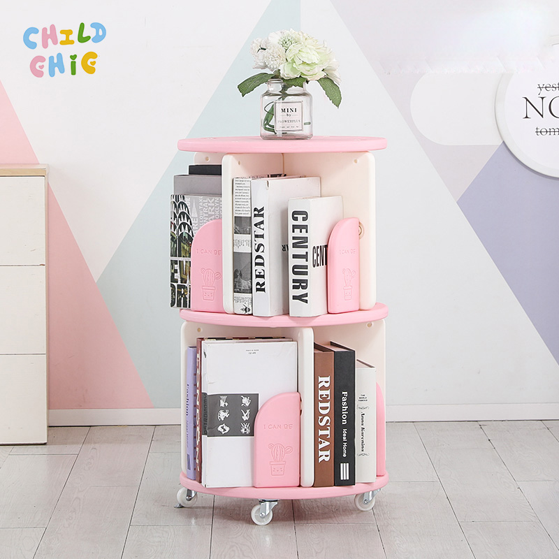360 Rotating Kids Bookshelf Movable Plastic Children Storage Rack Book Organizer with Wheels for Nursery