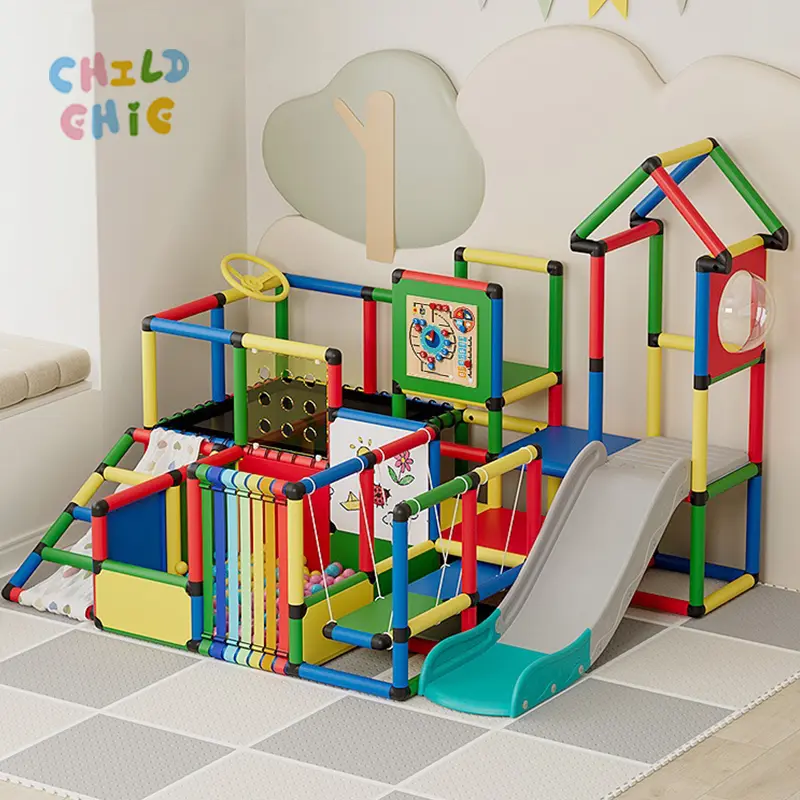 Multifunctional Kids Modular Playground with Slide – Indoor Climbing Frame Playset with Swing & Activity Panel for Toddlers