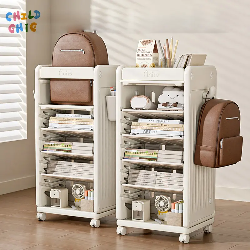 Cream Minimalist Mobile Children Book Trolley With Wheels Student School Bag Storage Cart Desk Side Organizer Shelf