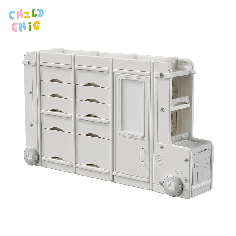 Cartoon Bus Shaped Kids Storage Cabinet, Multi Drawer Large Capacity Children Toy Organizer with Partition Storage