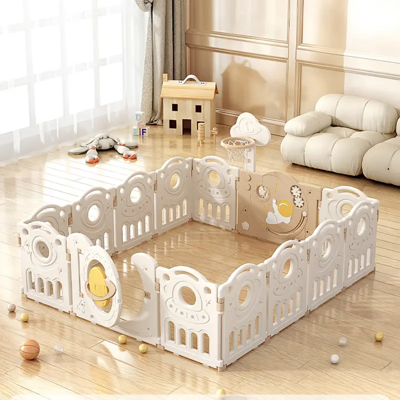 Parc pour bébé pliable sur le thème de l'espace avec panier de basket, aire de jeux intérieure sécurisée pour tout-petits