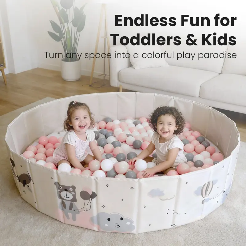 Foldable Kids Ball Pit, Portable Cartoon Printed Play Pool with BPA Free Soft Ocean Balls for Indoor Toddler Play
