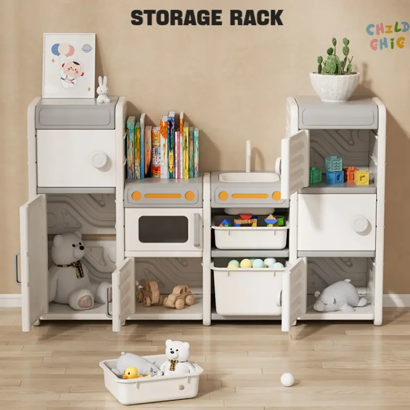 Modular Kids Play Kitchen Storage Cabinet Multifunctional Toddler Toy Book Organizer with Sink Microwave Design