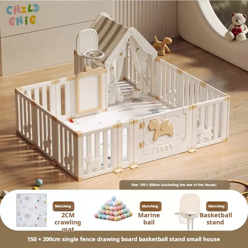 Parc pour bébé grand espace avec maisonnette, panier de basket-ball et planche à dessin, cour de jeu intérieure de sécurité pour enfants avec balles océaniques assorties