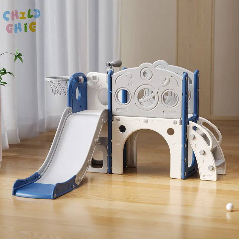 Space Themed Kids Slide Playhouse with Climbing Stairs Basketball Hoop Indoor Toddler Activity Center for Home Play