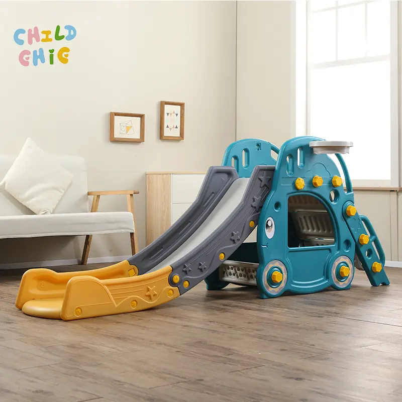 Cartoon Car Shaped Kids Slide with Climbing Steps Basketball Hoop Indoor Baby Play Slide Equipment for Household