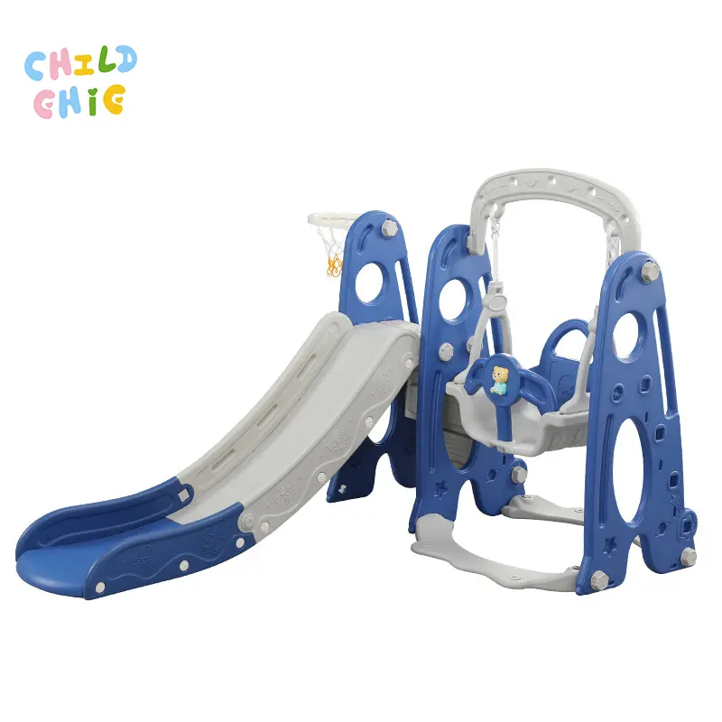 Space Themed Kids Slide Swing Combo with Fully Enclosed Safety Steps Basketball Hoop Play Equipment for Home