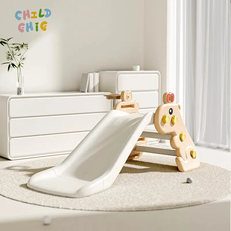 Kids Indoor Slide with Basketball Hoop Cream Neutral Plastic Freestanding Toddler Play Slide Safe for Home Nursery Play