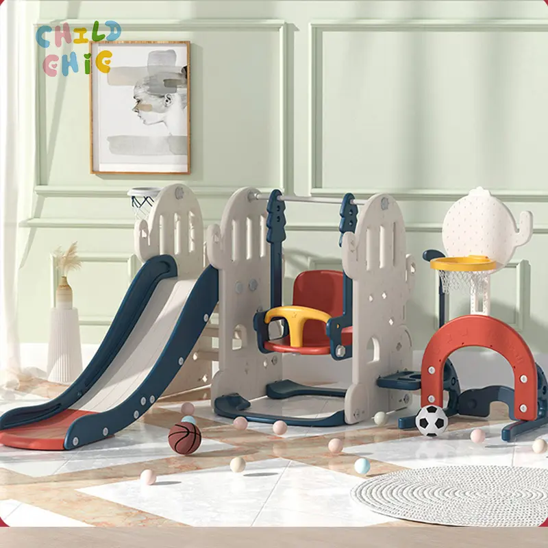 5 in 1 Kids Slide and Swing Play Set Indoor Toddler Playground with Basketball & Soccer Hoop Safe Home Play Equipment