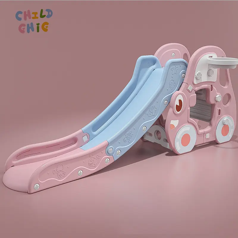 Car Design Baby Slide With Basketball Hoop Multi Color Eco Plastic Indoor Toddler Slide For Home Nursery