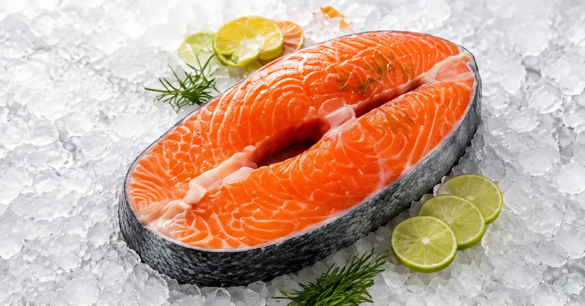 Frozen salmon steak on ice