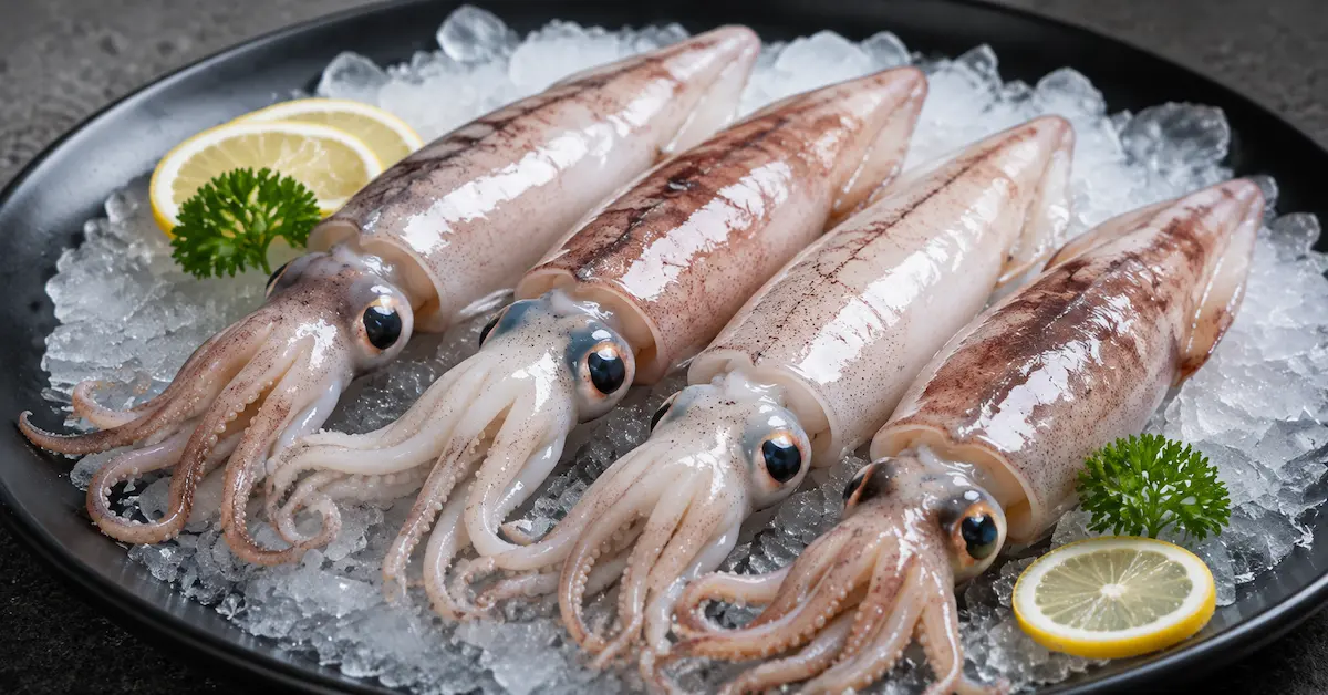 Frozen squid seafood on ice