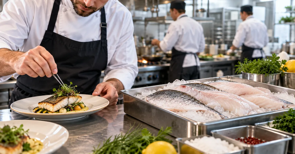 Frozen sea bass prepared in restaurant kitchen