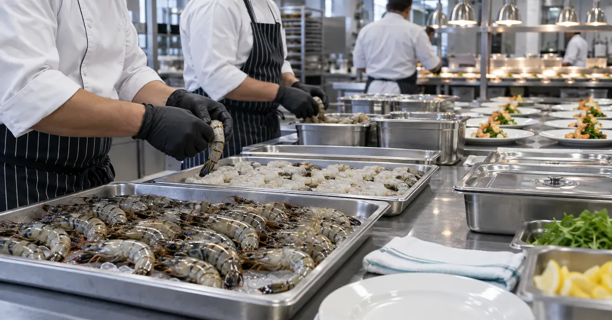 Black tiger shrimp foodservice preparation line
