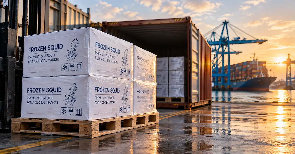 Frozen squid export shipment at global port